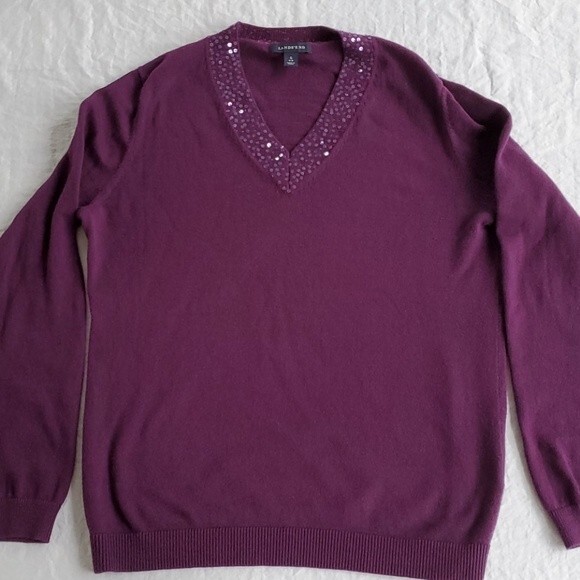 LANDS' END PURPLE V-NECK SWEATER SEQUINS COTTON CASHMERE, SIZE SMALL - Picture 3 of 7
